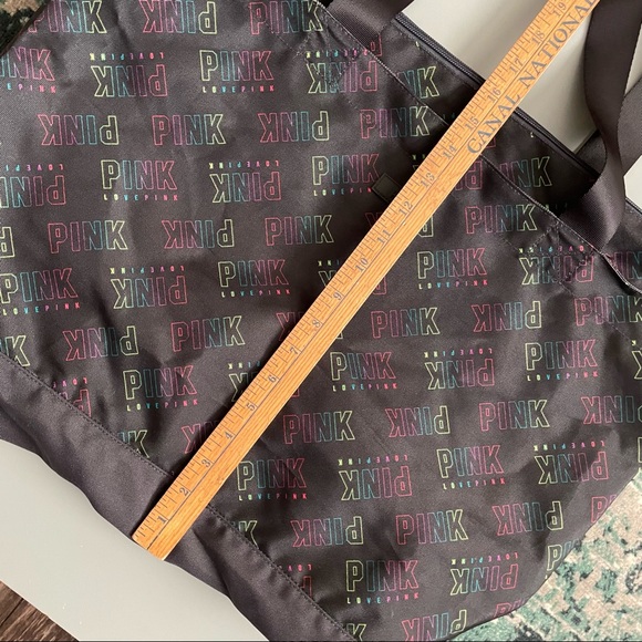 PINK Victoria’s Secret Black Zip Up Tote Bag Black Fluorescent Allover Logo - Picture 11 of 11